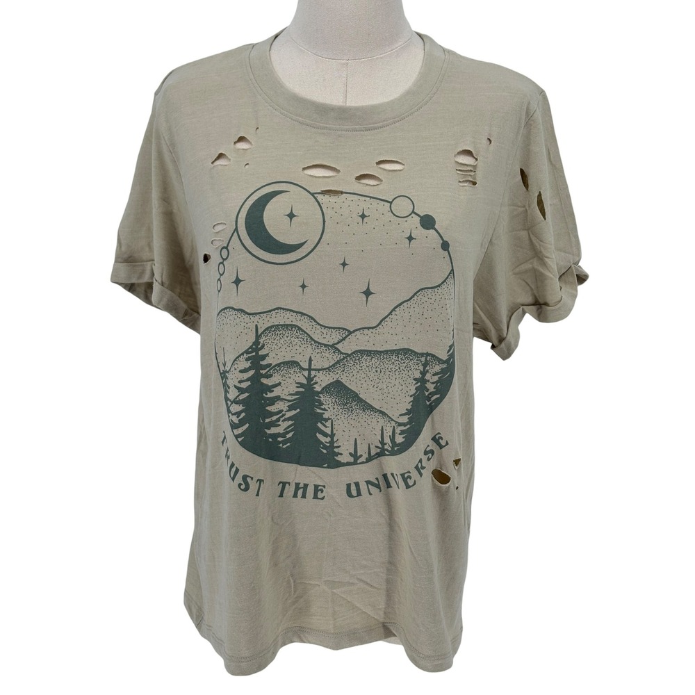 Recycled‎ Threads Graphic T-Shirt Sage Green Distressed Celestial Large